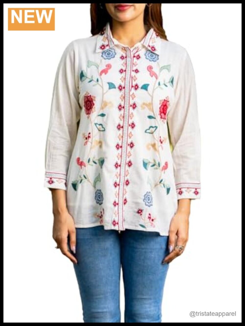 100% Cotton Embroidered Tunic Top Women's Long Sleeve Button Down Collar Shirt